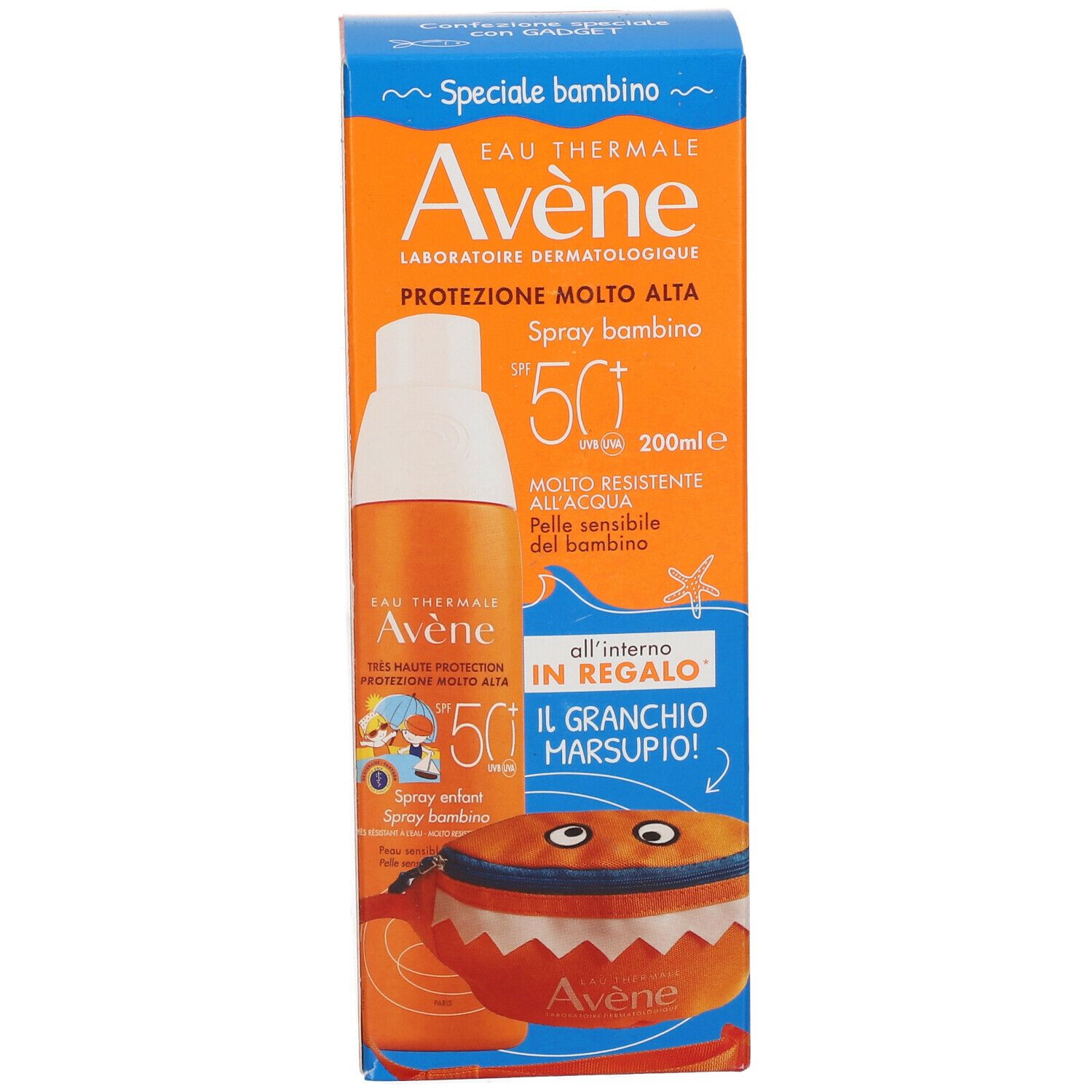 Confezione arancione con spray solare e regalo. Contiene testo e illustrazioni.