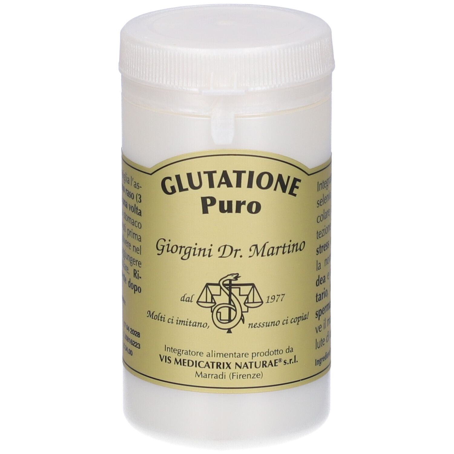 Contenitore bianco con tappo a vite. Scritta: Glutathion Puro, Giorgini Dr. Martino.