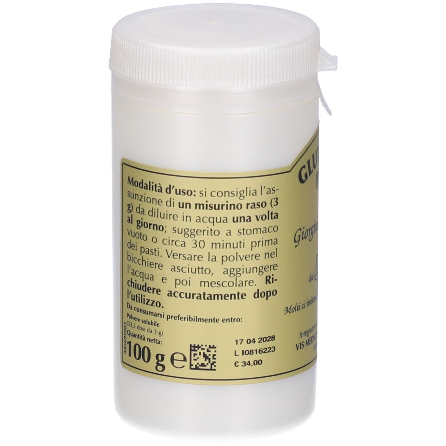 Contenitore bianco con tappo a vite. Scritta: Glutathion Puro, Giorgini Dr. Martino. Testo sul retro.