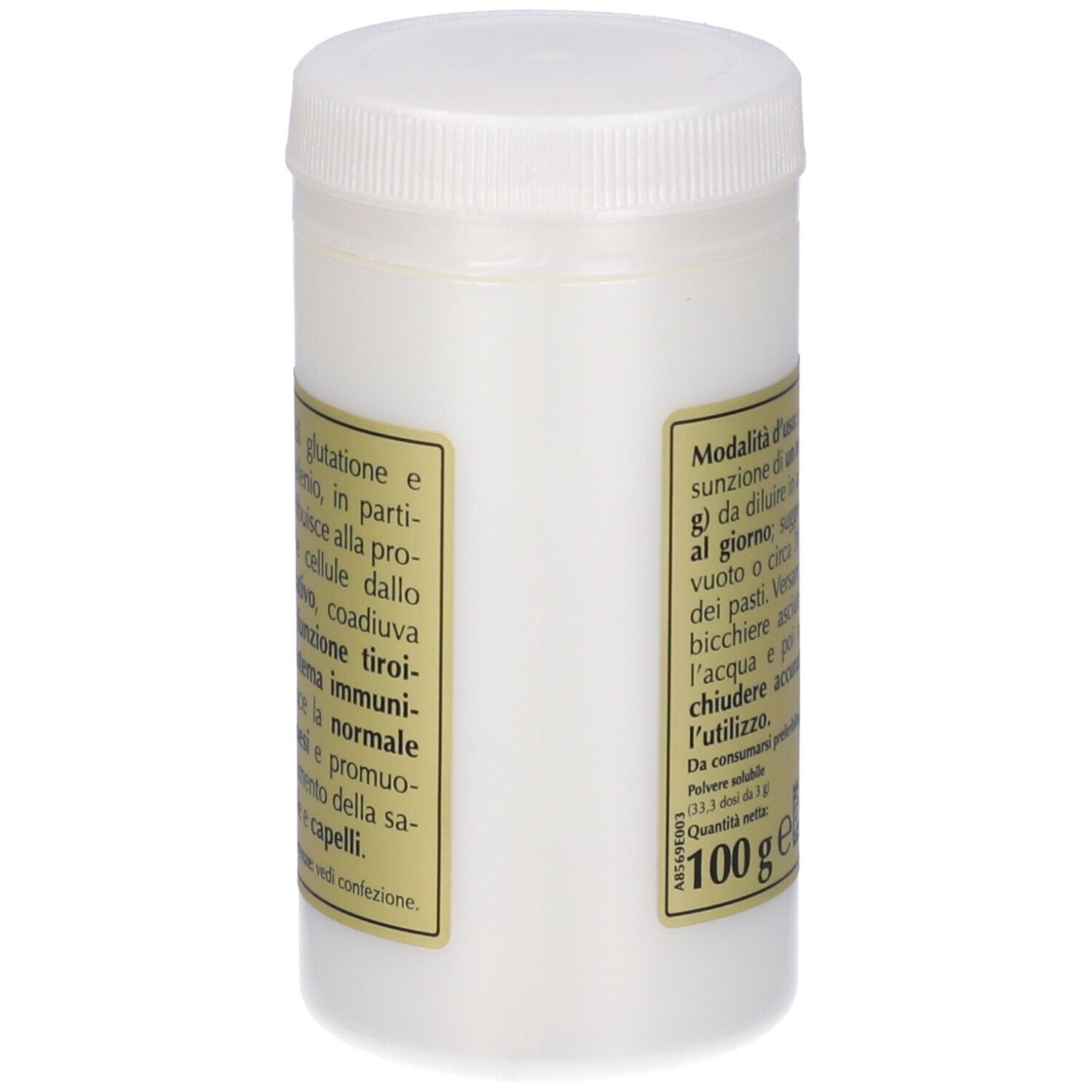 Contenitore bianco con tappo a vite. Scritta: Glutathion Puro, Giorgini Dr. Martino. 100 g.