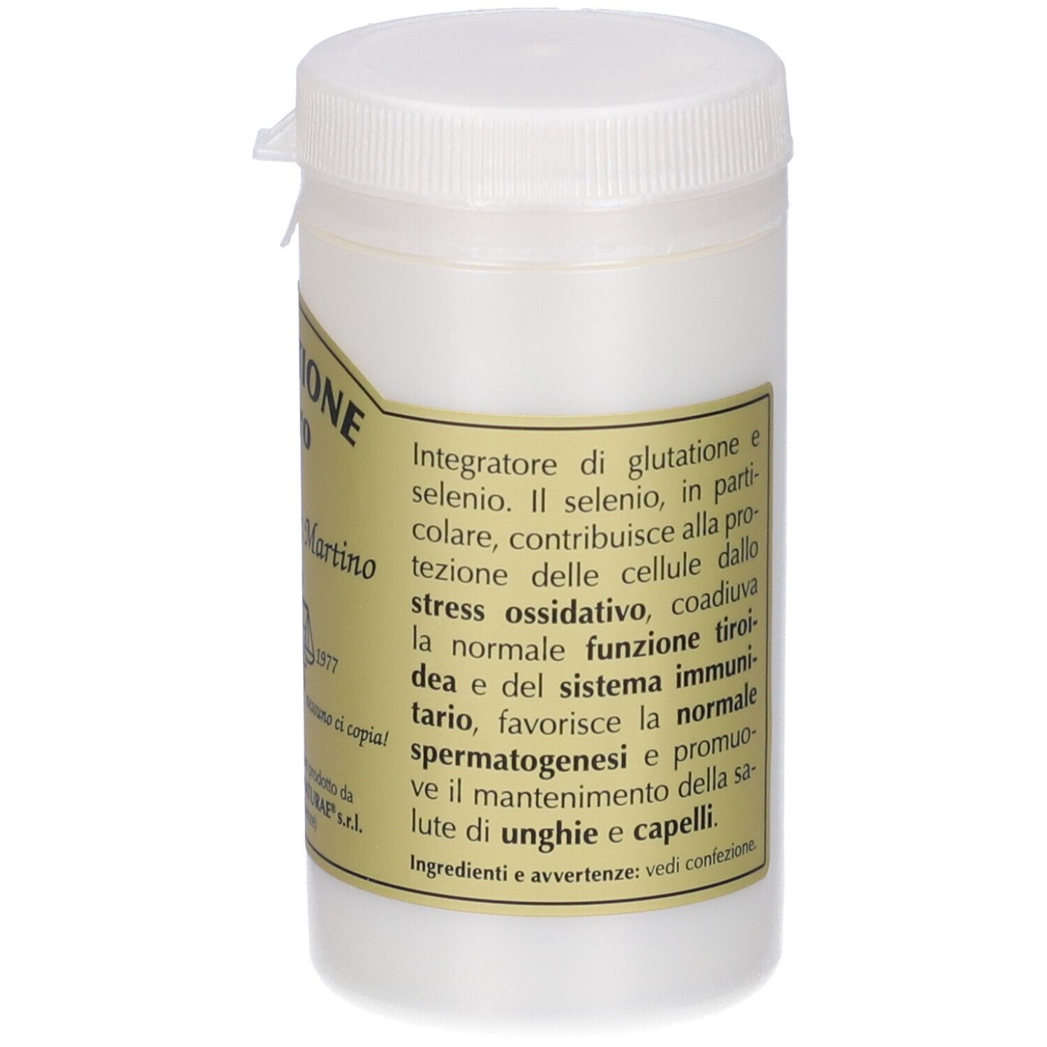 Contenitore bianco con tappo a vite. Scritta: Glutathion Puro, Giorgini Dr. Martino. Testo sul retro.