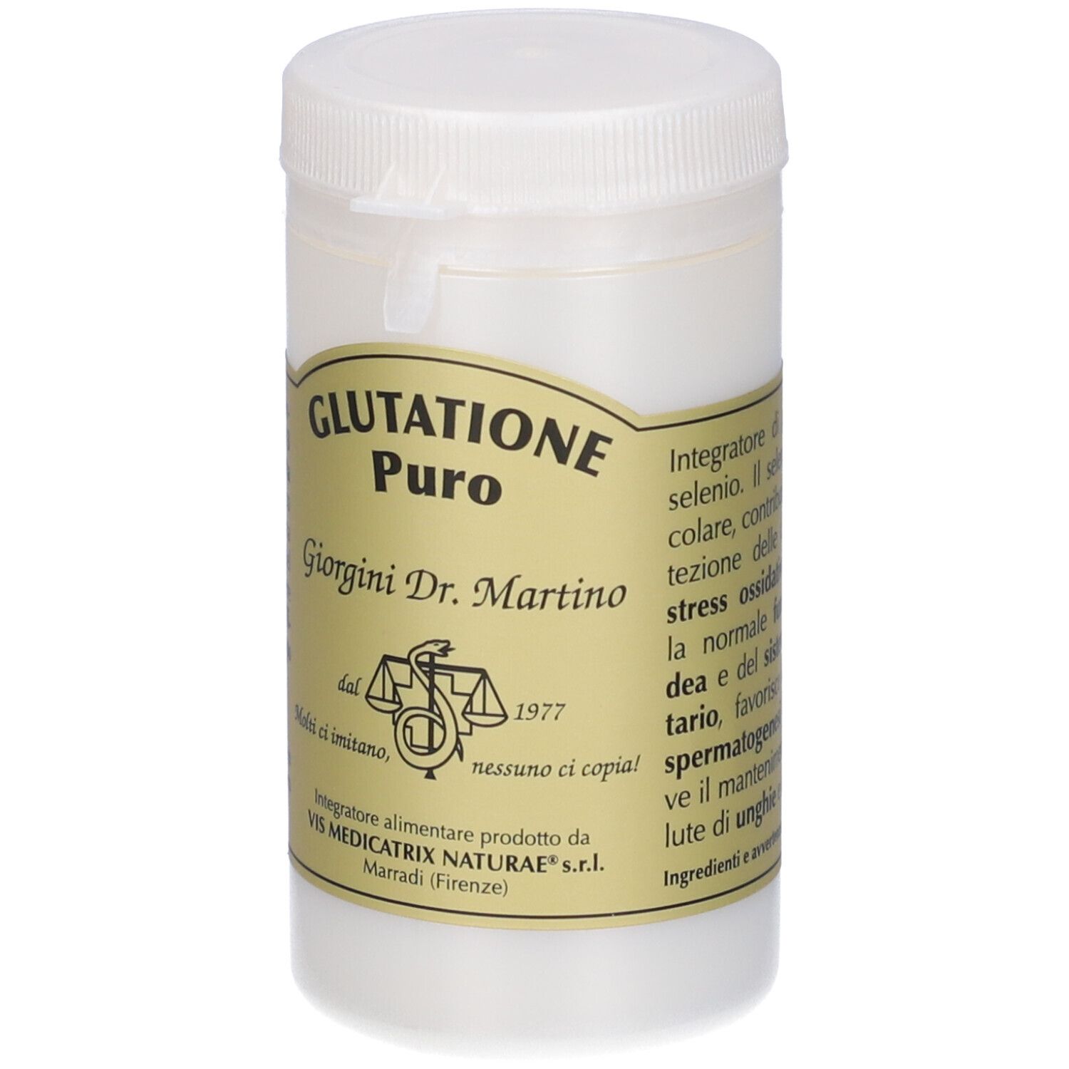 Contenitore bianco con tappo a vite. Scritta: Glutathion Puro, Giorgini Dr. Martino. Testo sul retro.