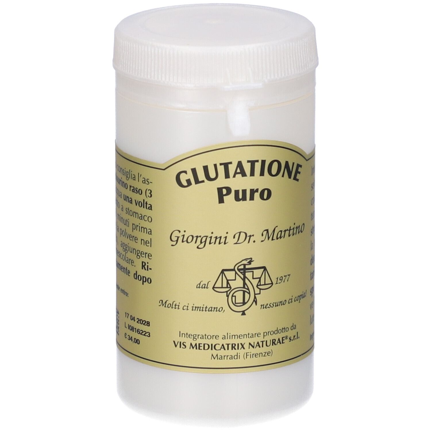Contenitore bianco con tappo a vite. Scritta: Glutathion Puro, Giorgini Dr. Martino. Testo sul retro.