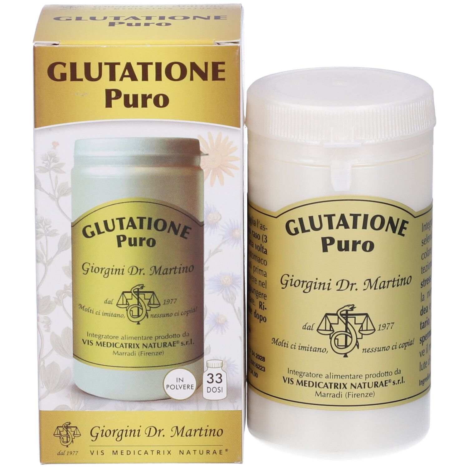 Contenitore e confezione. Scritta: Glutathion Puro, Giorgini Dr. Martino. 33 dosi.
