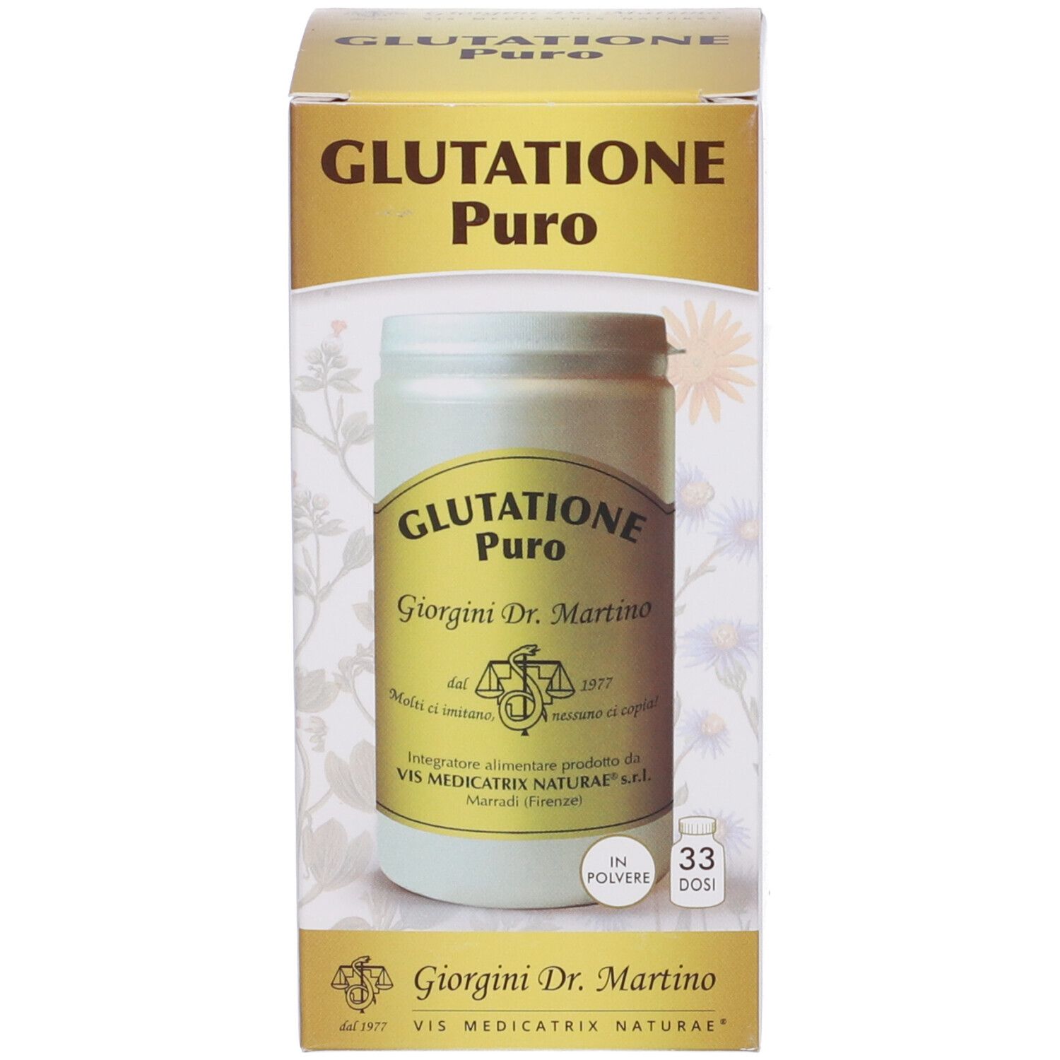 Confezione. Scritta: Glutathion Puro, Giorgini Dr. Martino. 33 dosi.