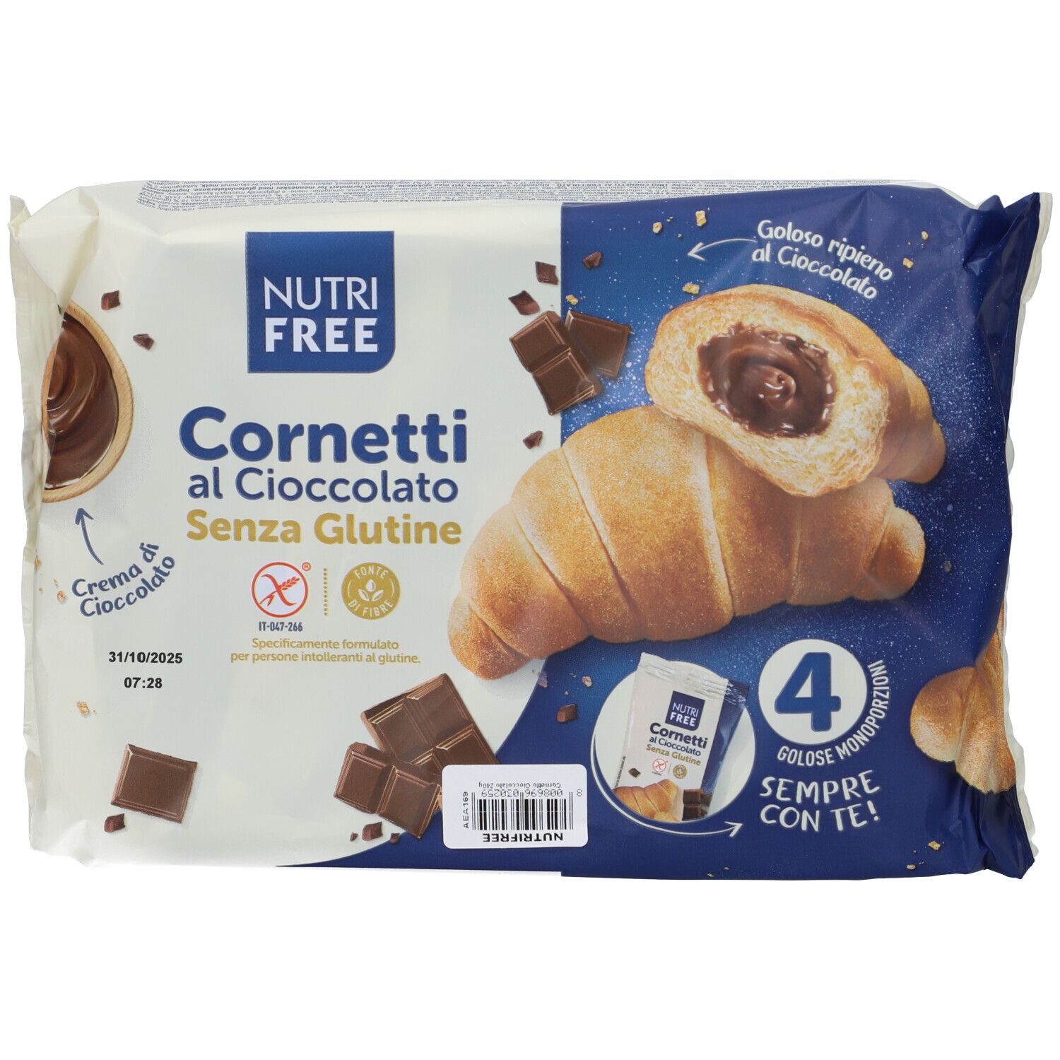 Confezione di Cornetti Cioccolato senza glutine. Prodotto e ingredienti visibili. 4 pezzi.