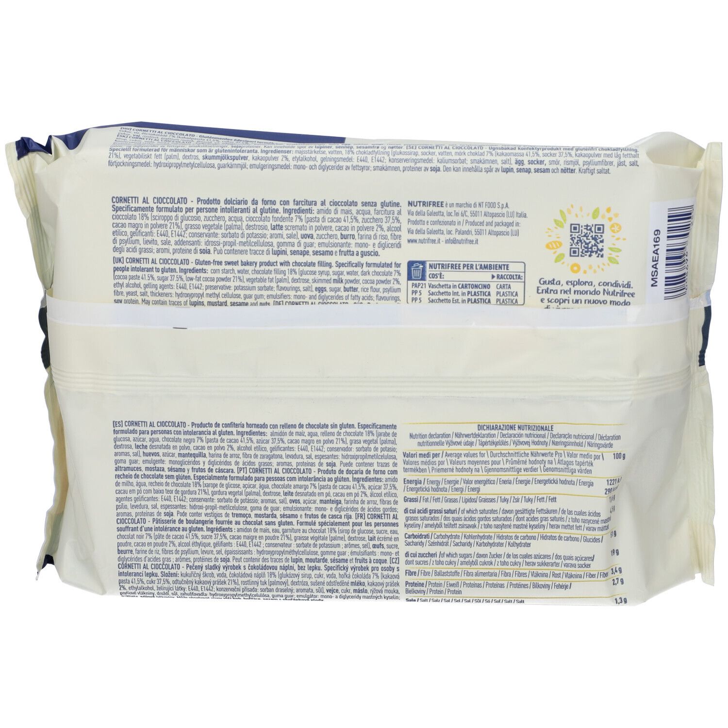 Retro della confezione di Cornetti Cioccolato senza glutine. Informazioni e valori nutrizionali.