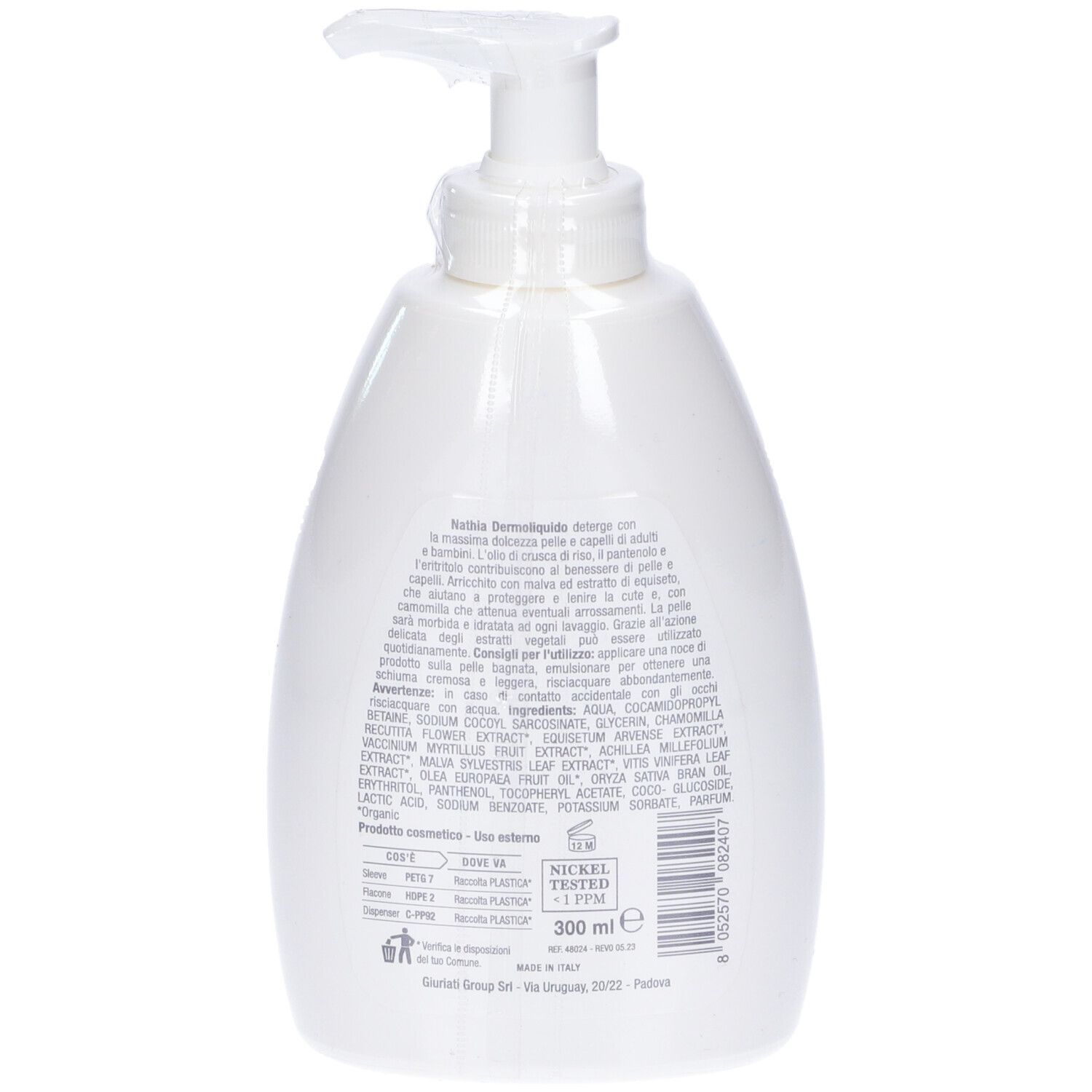 Flacone bianco con dosatore. Retro con testo e ingredienti. Volume: 300 ml.