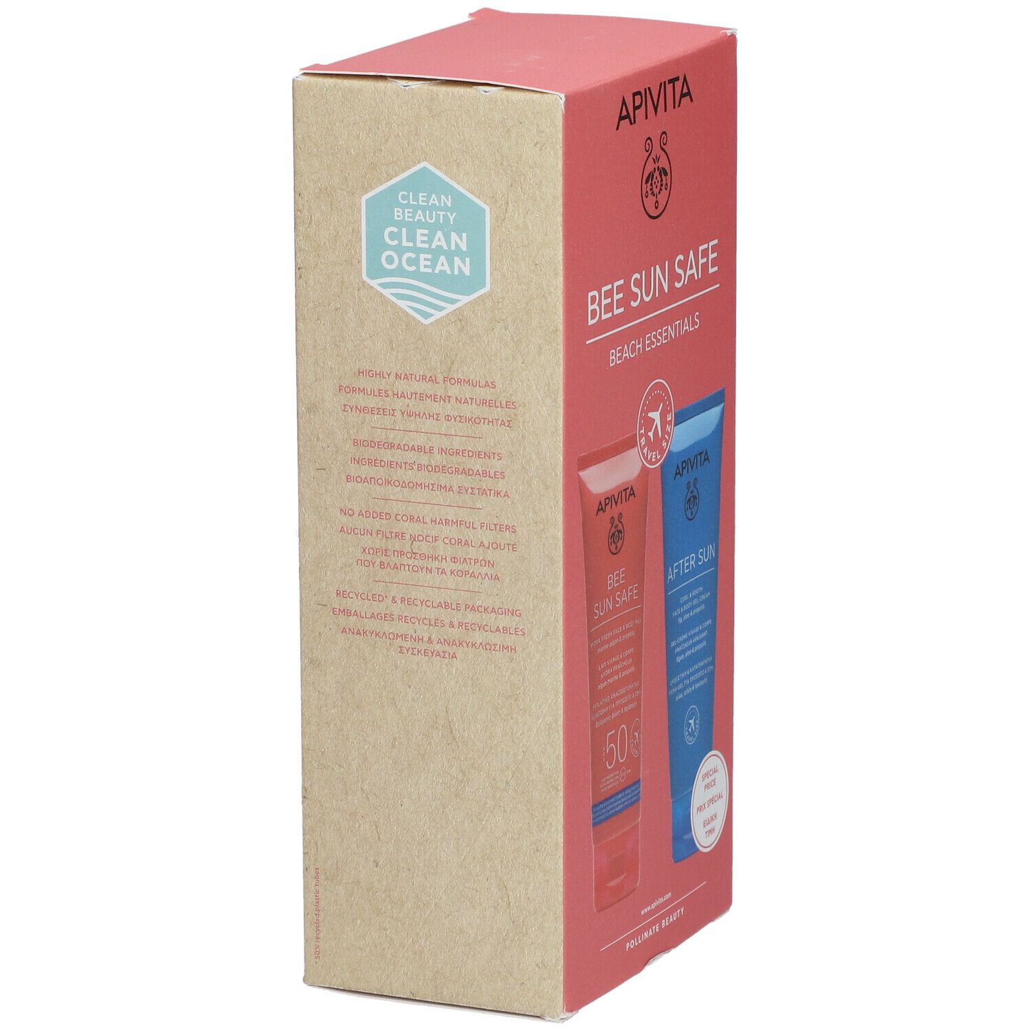 Vista laterale della confezione regalo. Scritta: "APIVITA", "BEE SUN SAFE BEACH ESSENTIALS". Testo e logo sul lato.