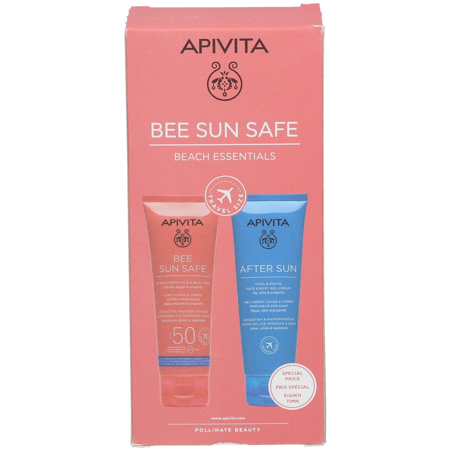 Confezione regalo con due tubi. Uno rosso, "Bee Sun Safe", l'altro blu, "After Sun". Testo: "APIVITA".