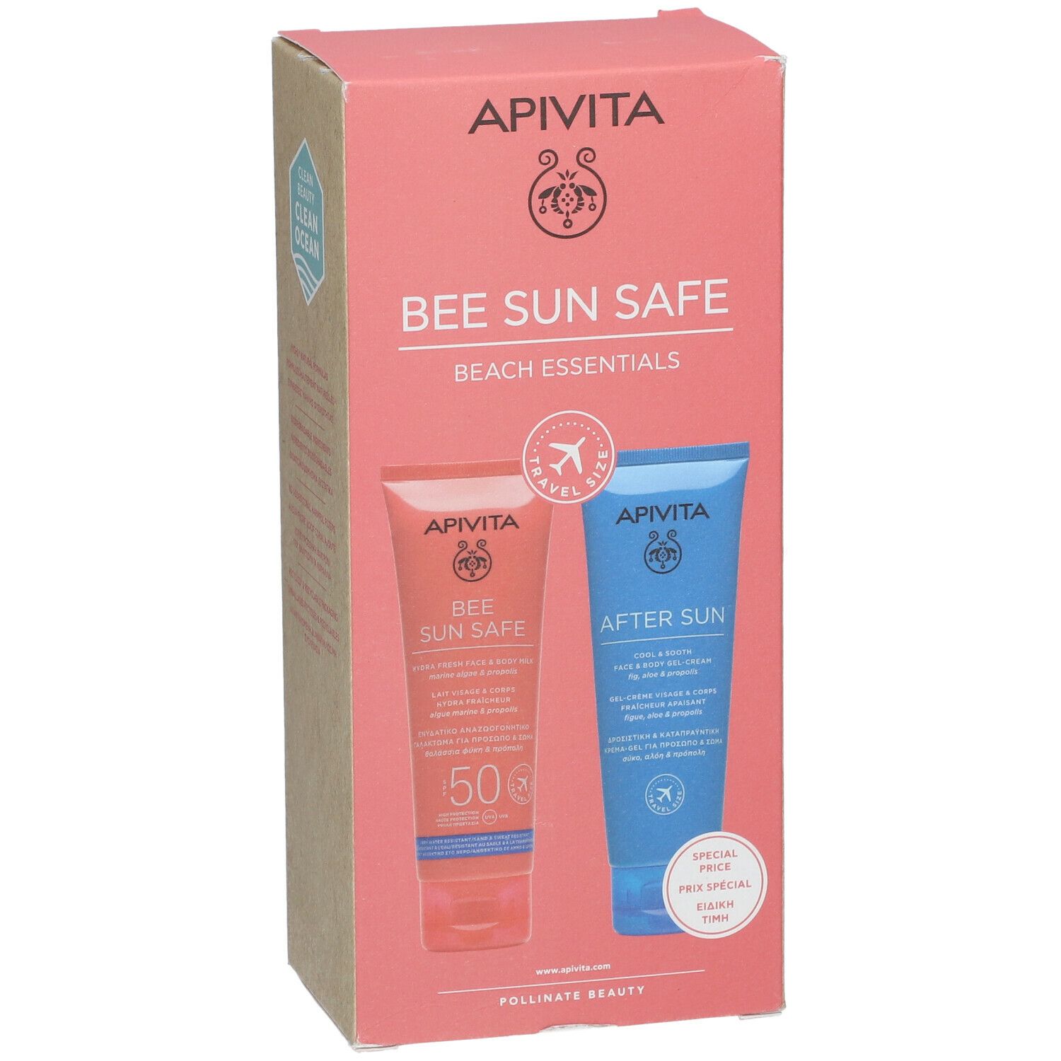 Confezione regalo con due tubi. Uno rosso, "Bee Sun Safe", l'altro blu, "After Sun". Testo: "APIVITA".