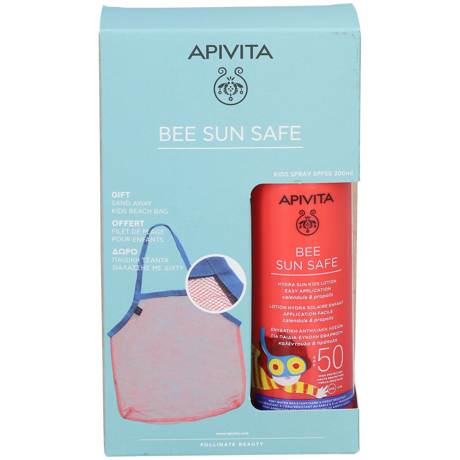 Confezione regalo con spray solare e borsa da spiaggia. Flacone spray rosso con SPF50. Confezione azzurra con nome e logo del prodotto.