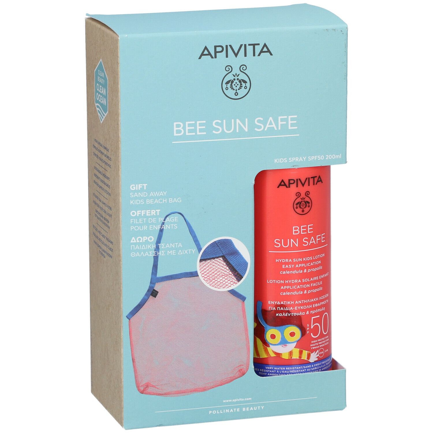 Confezione regalo con spray solare e borsa da spiaggia. Flacone spray rosso con SPF50. Confezione azzurra con nome e logo del prodotto.