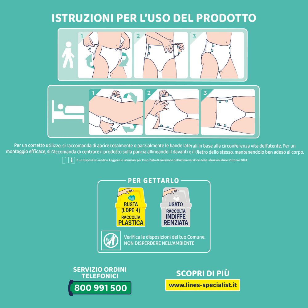 Istruzioni per l'uso di Lines Specialist. Illustrazioni per l'applicazione dei pannoloni.