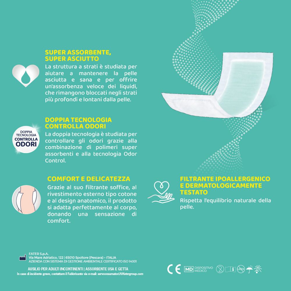 Testo con informazioni sulle caratteristiche degli assorbenti. Doppia tecnologia controllo odori.