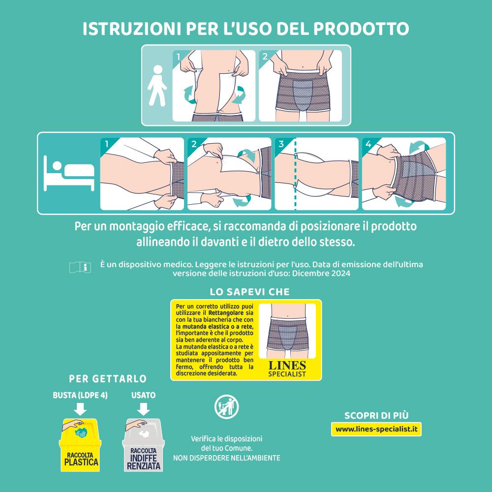 Istruzioni per l'uso degli assorbenti. Illustrazioni mostrano l'applicazione.