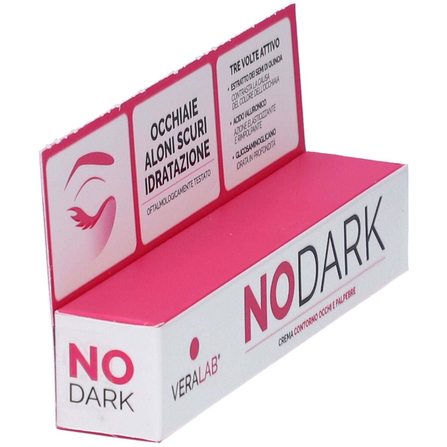 Confezione Veralab No Dark, rosa e bianca. Testo: NO DARK, CREMA CONTORNO OCCHI E PALPEBRE. Espositore con informazioni sul prodotto.