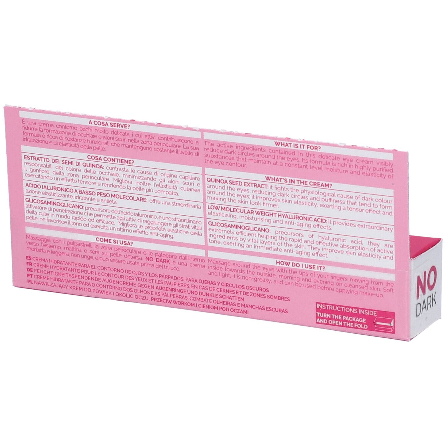 Retro della confezione Veralab No Dark. Rosa. Testo: Ingredienti, istruzioni per l'uso. Istruzioni di piegatura.