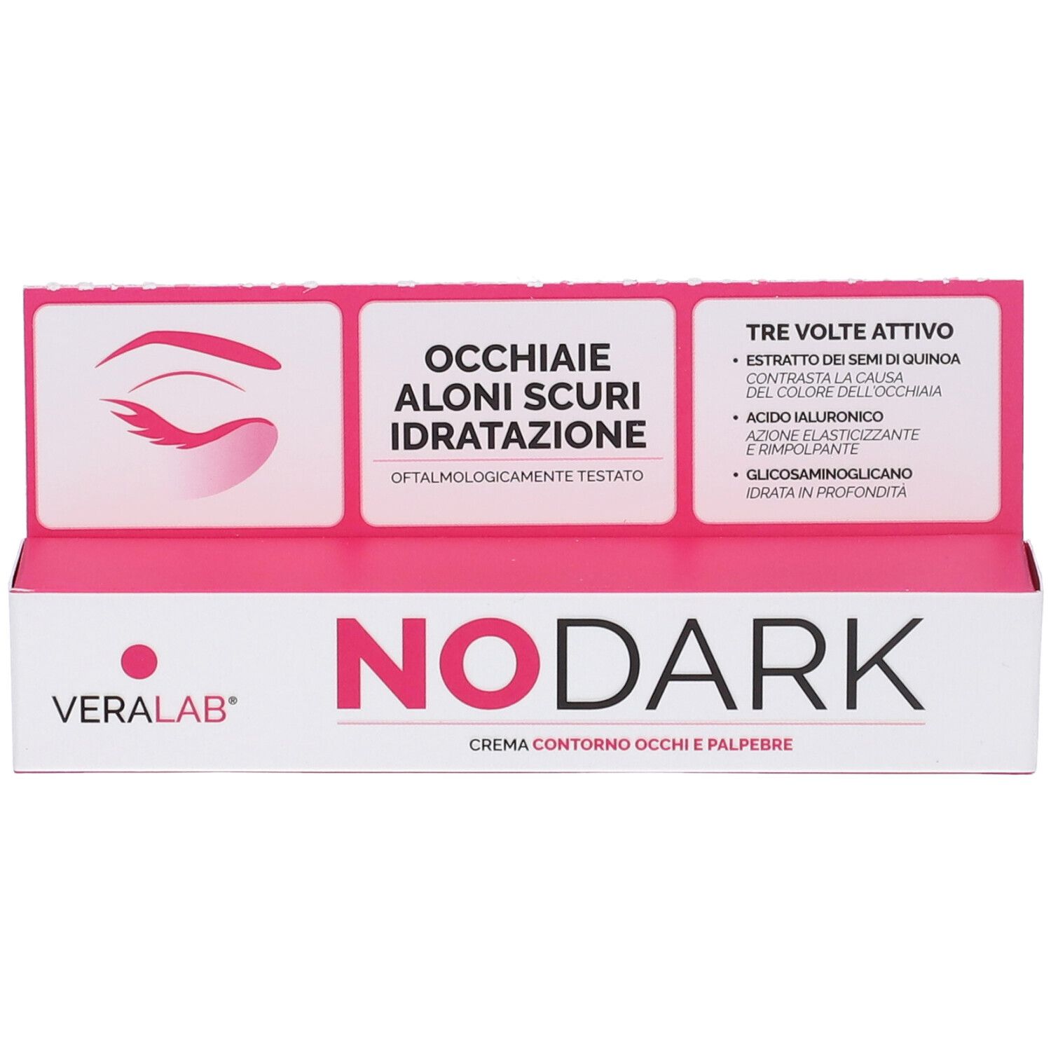 Confezione Veralab No Dark. Bianca e rosa. Testo: NO DARK, CREMA CONTORNO OCCHI E PALPEBRE. Espositore con informazioni sul prodotto.