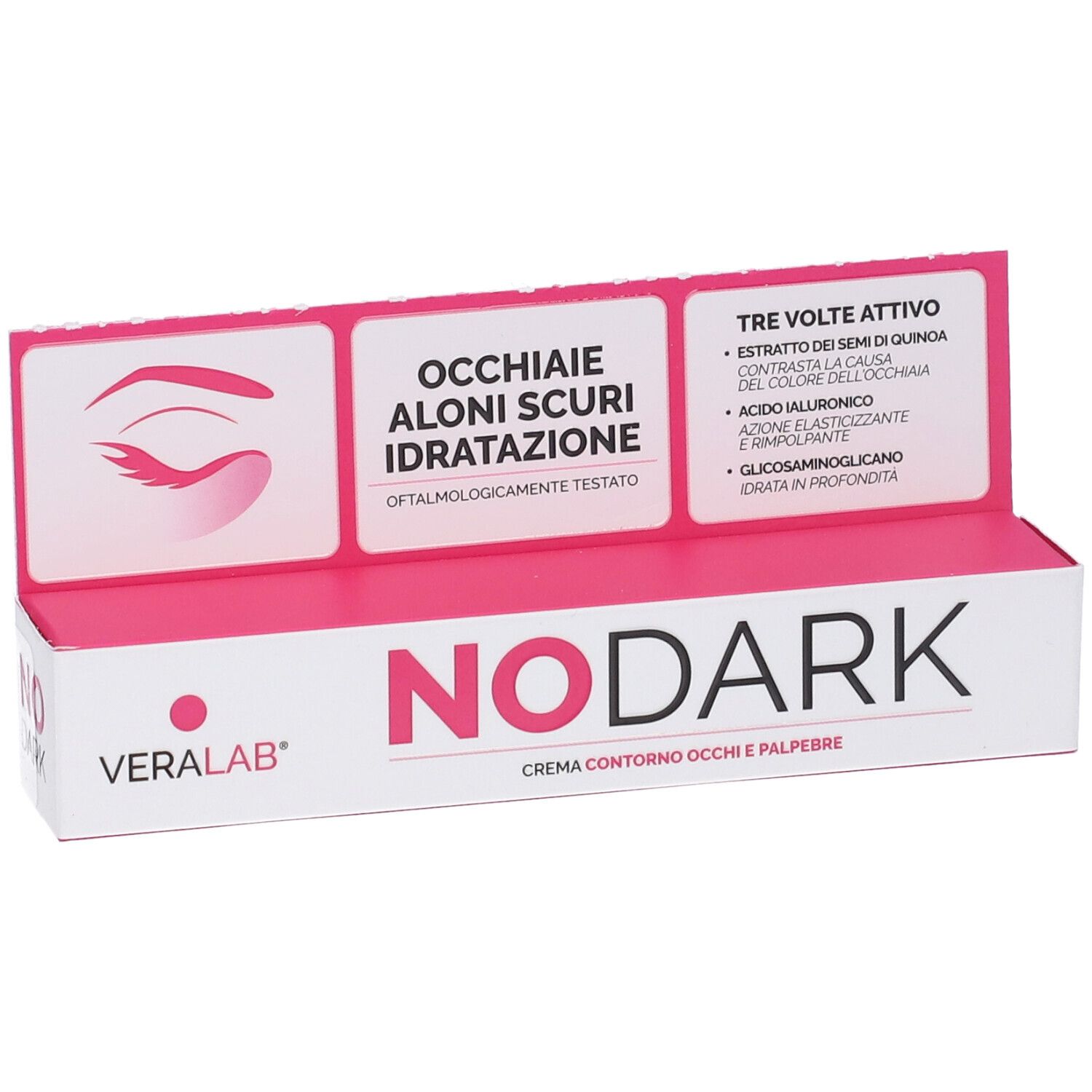 Confezione Veralab No Dark. Bianca e rosa. Testo: NO DARK, CREMA CONTORNO OCCHI E PALPEBRE. Espositore con informazioni sul prodotto.