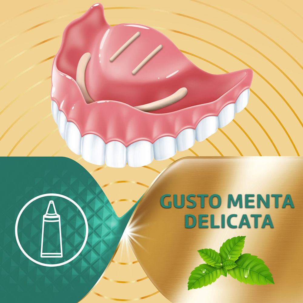 Protesi dentaria. Testo: Gusto Menta Delicata. Immagine di un tubetto e foglie di menta.