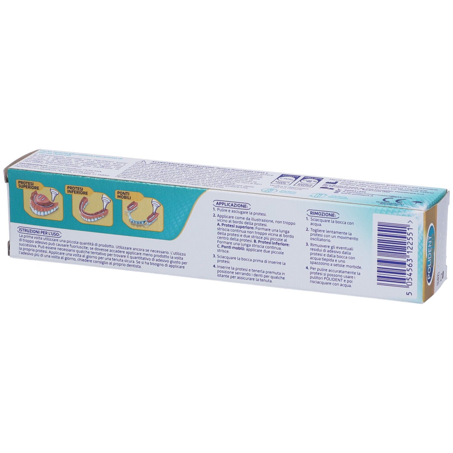 Retro della confezione di crema adesiva. Illustrazioni di protesi dentali. Testo: applicazione, ingredienti, istruzioni per l'uso.
