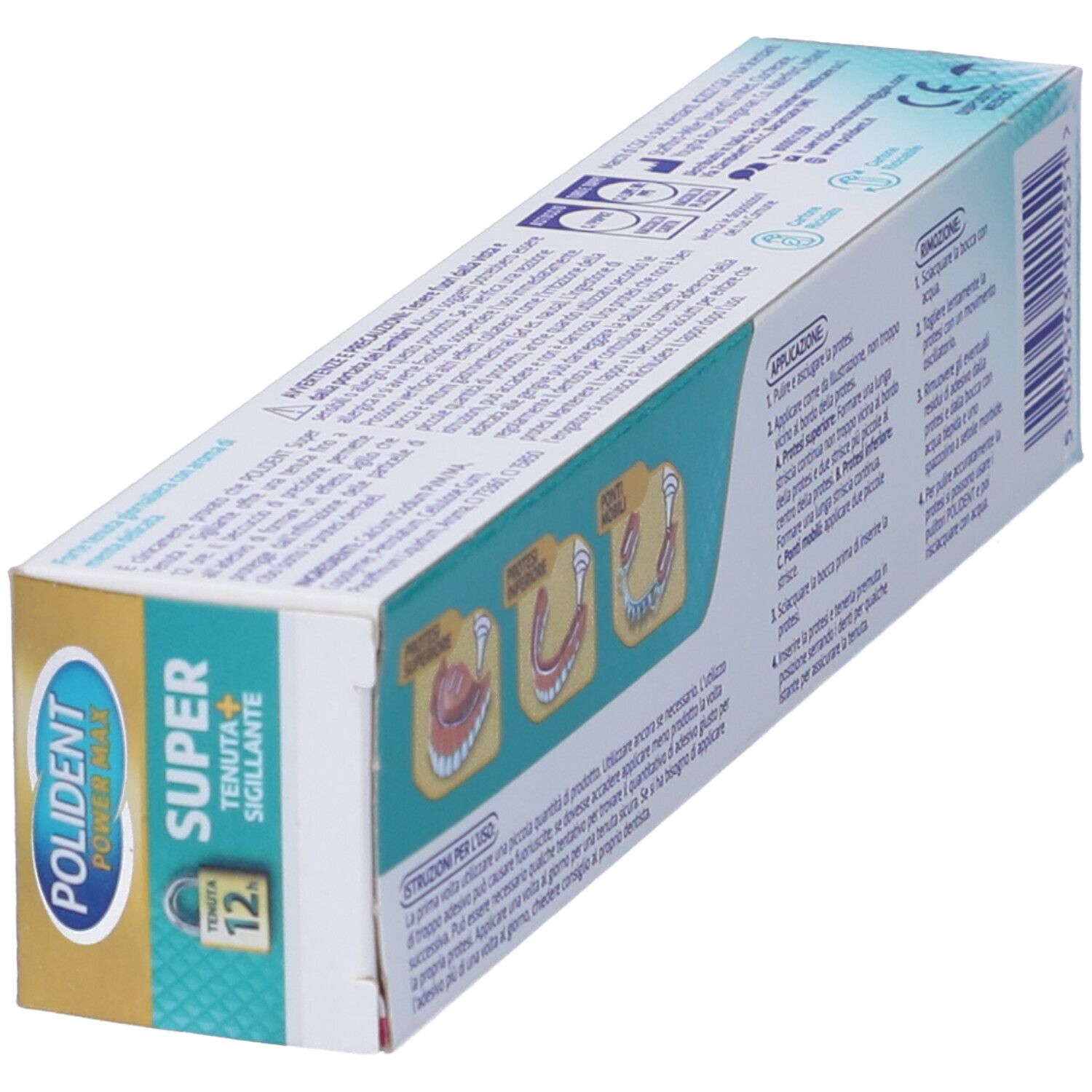 Confezione di crema adesiva. Illustrazioni di protesi dentali. Testo: applicazione, ingredienti, istruzioni per l'uso.