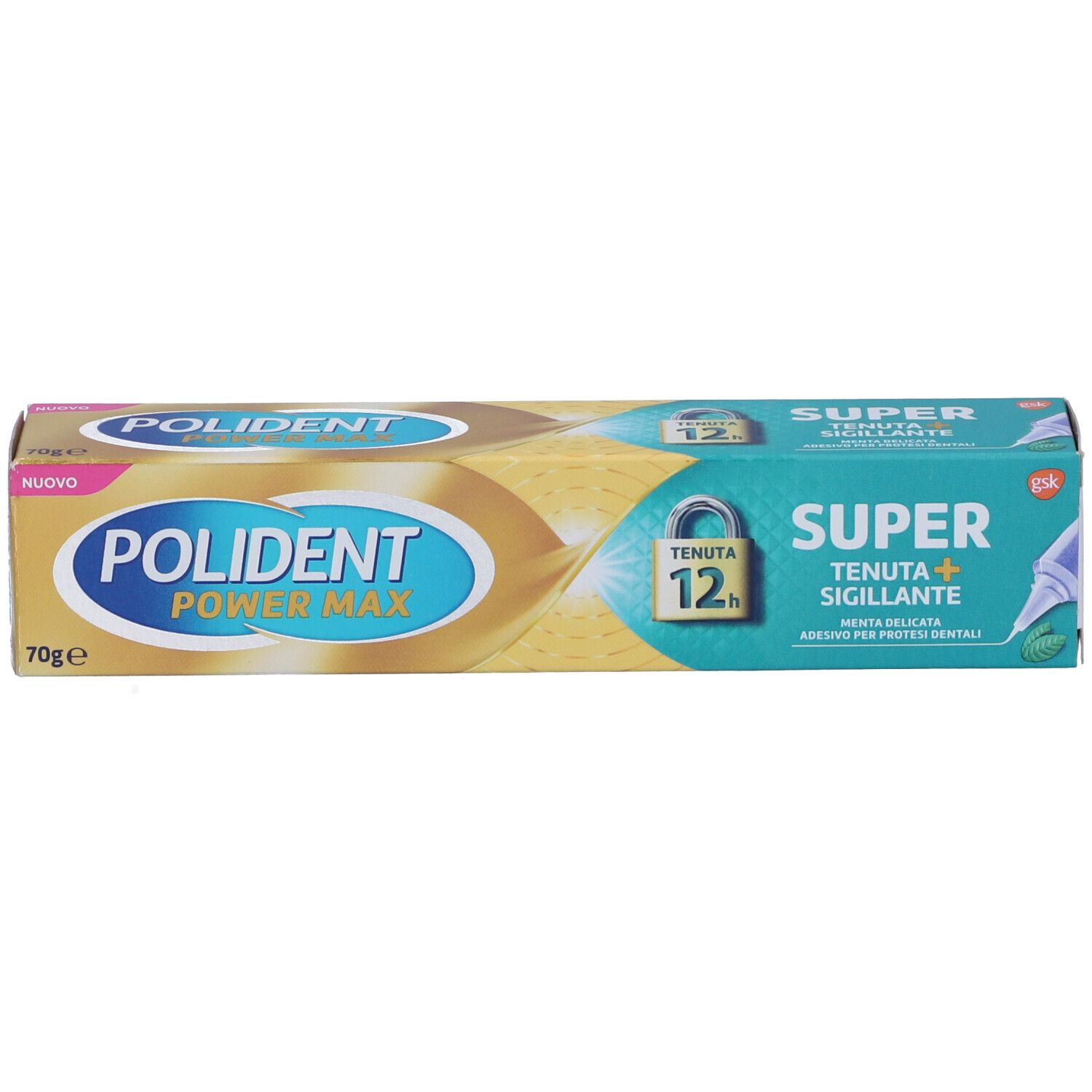 Tubo di crema adesiva per protesi dentali. Confezione oro e turchese. Scritta: POLIDENT POWER MAX, SUPER TENUTA+SIGILLANTE.