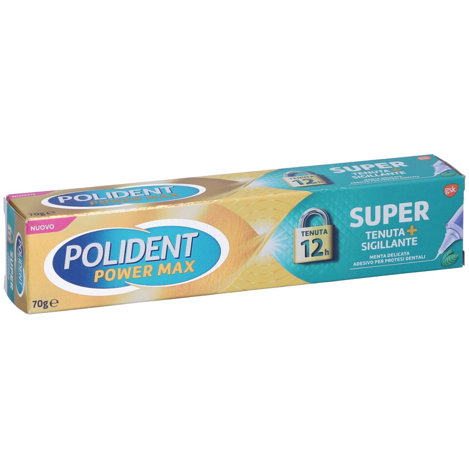 Tubo di crema adesiva per protesi dentali. Confezione oro e turchese. Scritta: POLIDENT POWER MAX, SUPER TENUTA+SIGILLANTE.