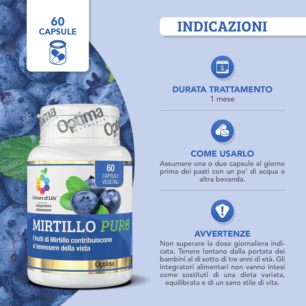 Flacone da 60 capsule vegetali, Mirtillo Puro, con illustrazione di mirtilli e indicazioni.