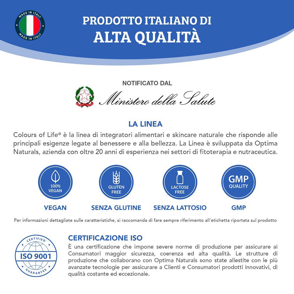Informazioni sul prodotto: Prodotto italiano di qualità, Vegano, Senza glutine, Senza lattosio, GMP, ISO 9001.