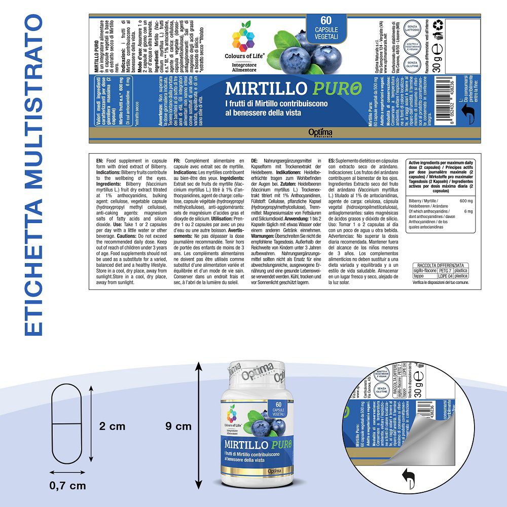 Etichetta con informazioni sul prodotto, ingredienti e istruzioni di dosaggio per Mirtillo Puro.