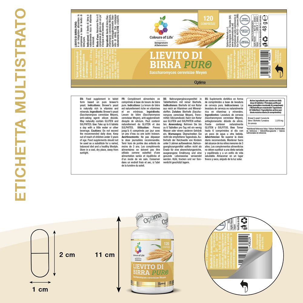 Etichetta e dettagli di confezionamento per compresse di lievito di birra.