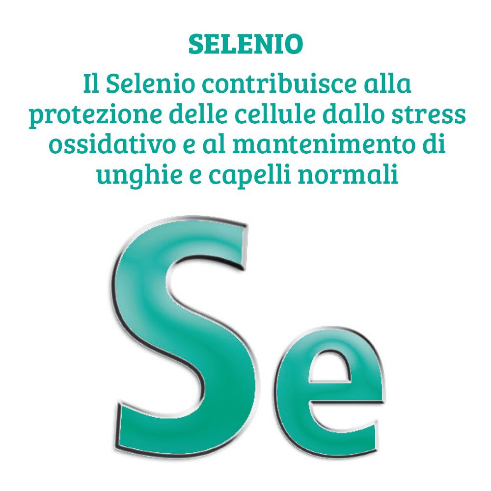 Simbolo 'Se' per il selenio, con testo sulla protezione cellulare e capelli/unghie.