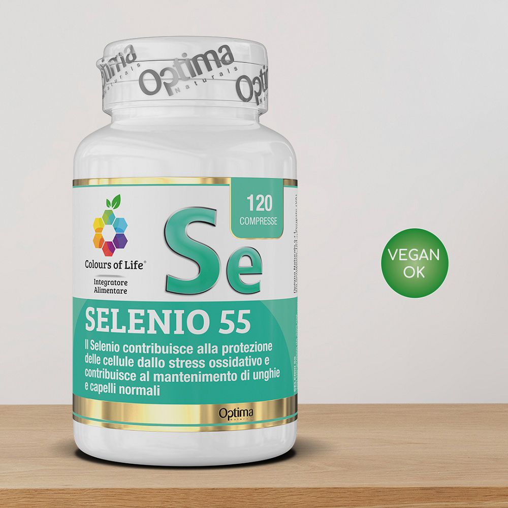 Barattolo Colours of Life Selenio 55 da 120 compresse, sigillo 'Vegan OK'.