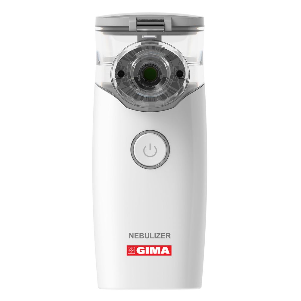 Nebulizzatore bianco con coperchio grigio. Pulsante e logo GIMA sulla parte anteriore.