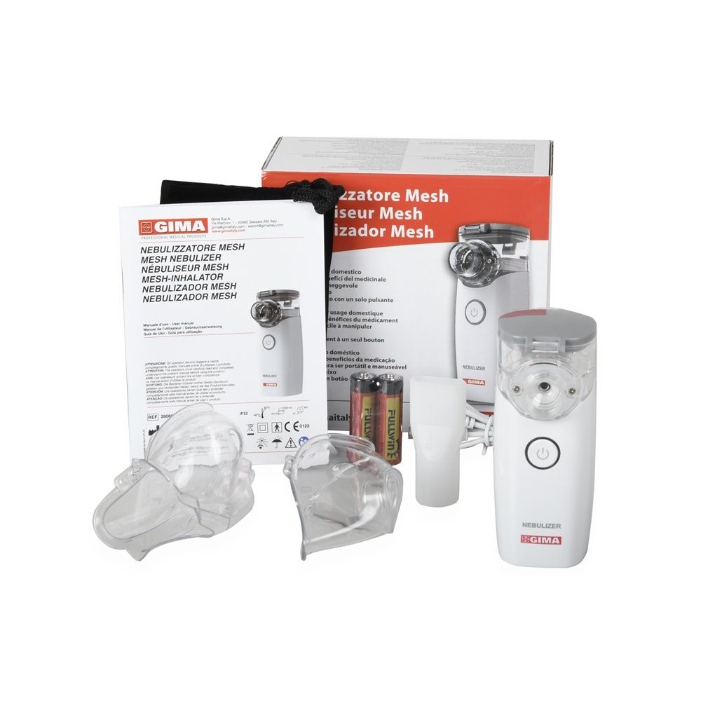Nebulizzatore con accessori, tra cui maschere, sacchetto, batterie e documentazione.