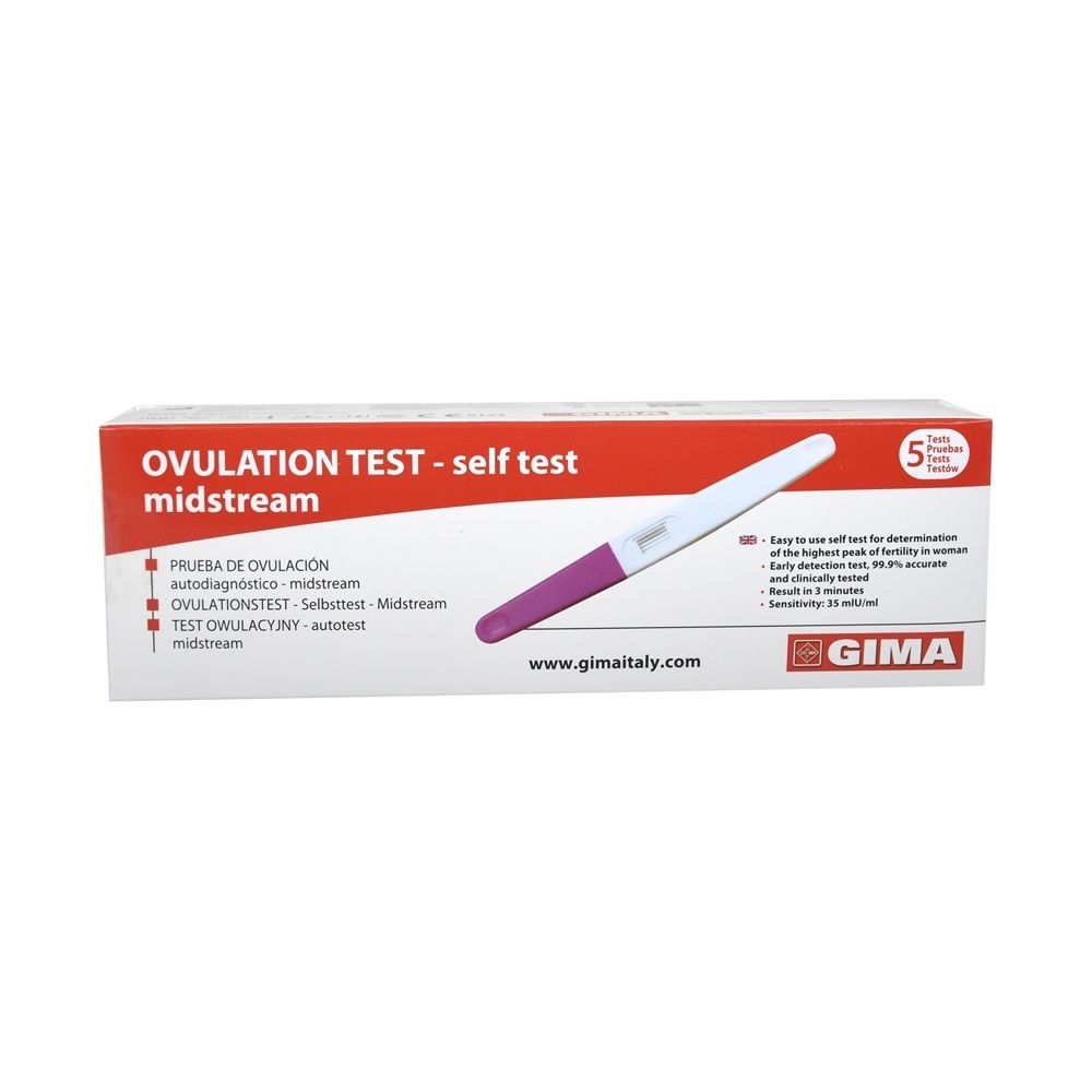 Confezione test ovulazione. Testo: OVULATION TEST - self test midstream. GIMA.