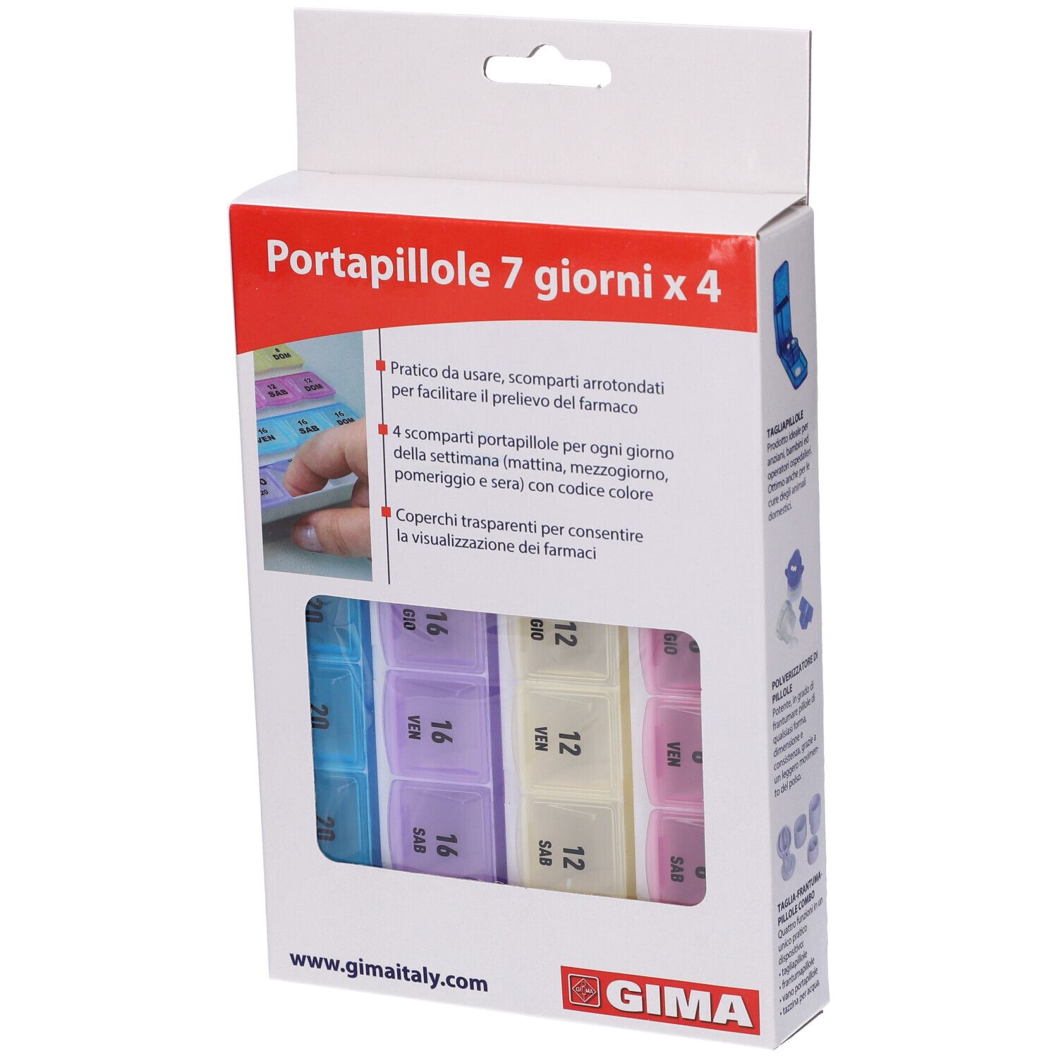 Portapillole Settimanale 7 Giorni X4 Dimensioni 19X13X2,8 Cm Scomparti A 4 Colori