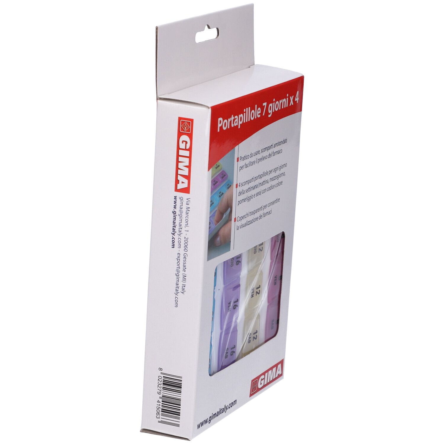 Portapillole Settimanale 7 Giorni X4 Dimensioni 19X13X2,8 Cm Scomparti A 4 Colori