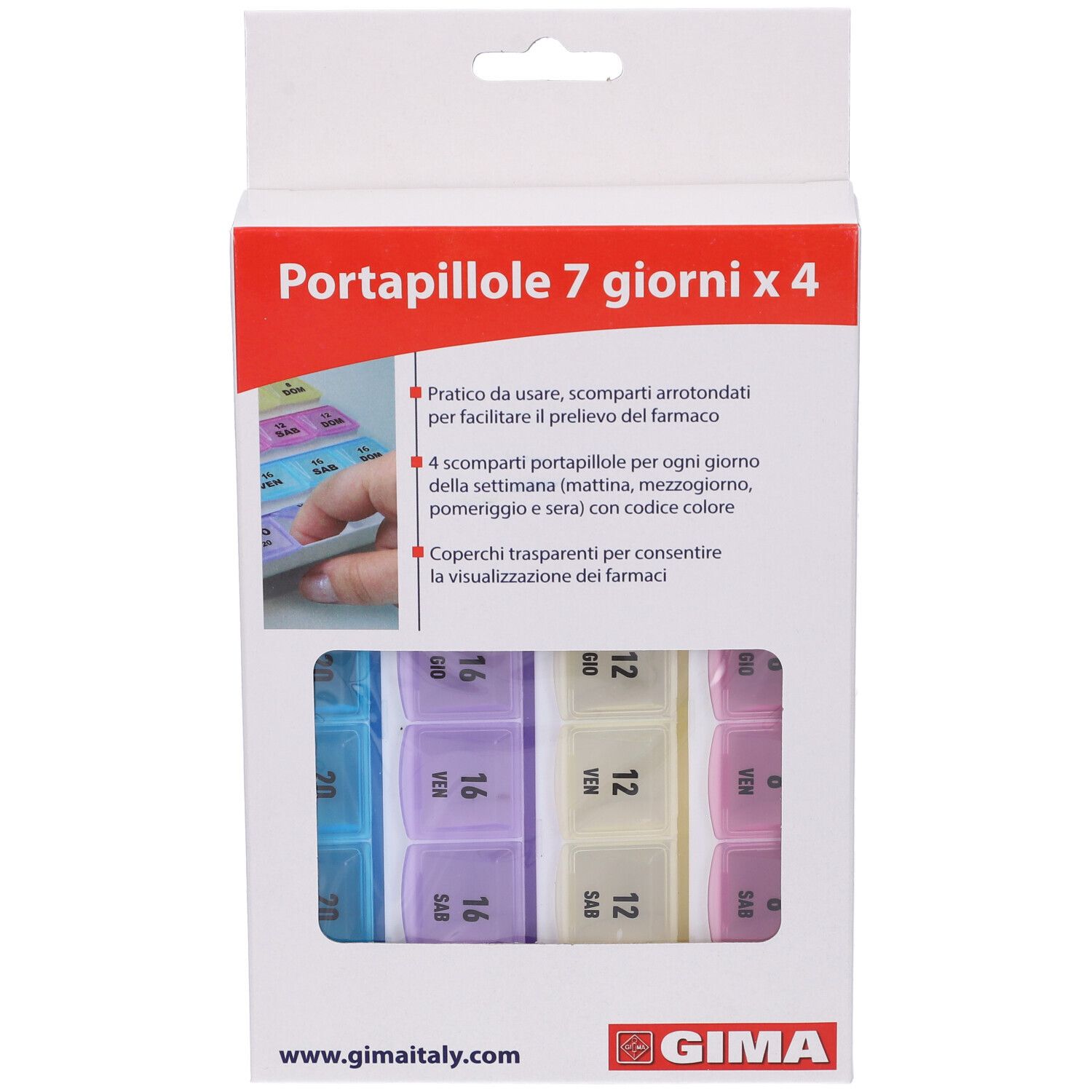 Portapillole Settimanale 7 Giorni X4 Dimensioni 19X13X2,8 Cm Scomparti A 4 Colori