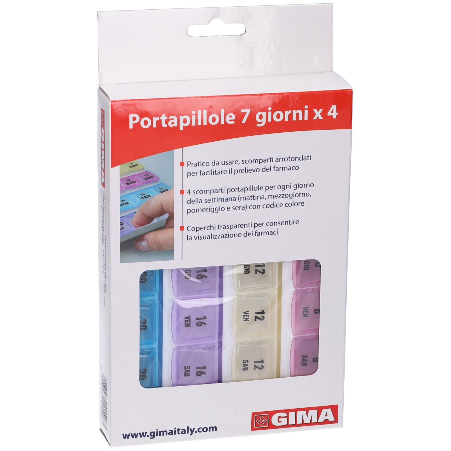 Portapillole Settimanale 7 Giorni X4 Dimensioni 19X13X2,8 Cm Scomparti A 4 Colori