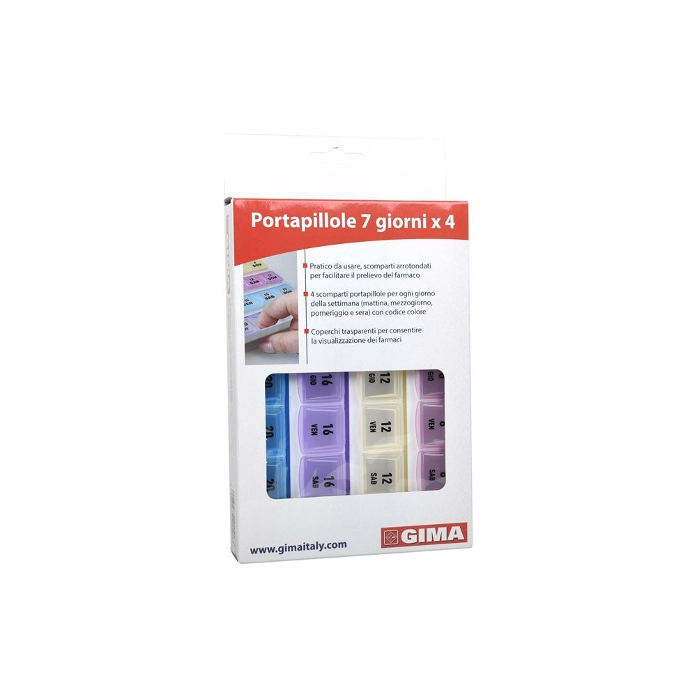 Confezione con portapillole. Testo: Portapillole 7 giorni x 4. Finestra con portapillole.