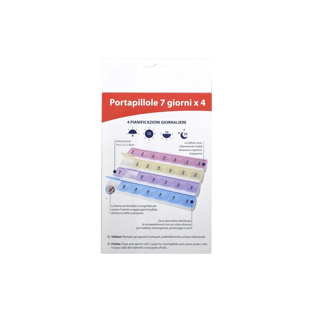 Confezione con portapillole. Testo: Portapillole 7 giorni x 4. Illustrazione del portapillole.