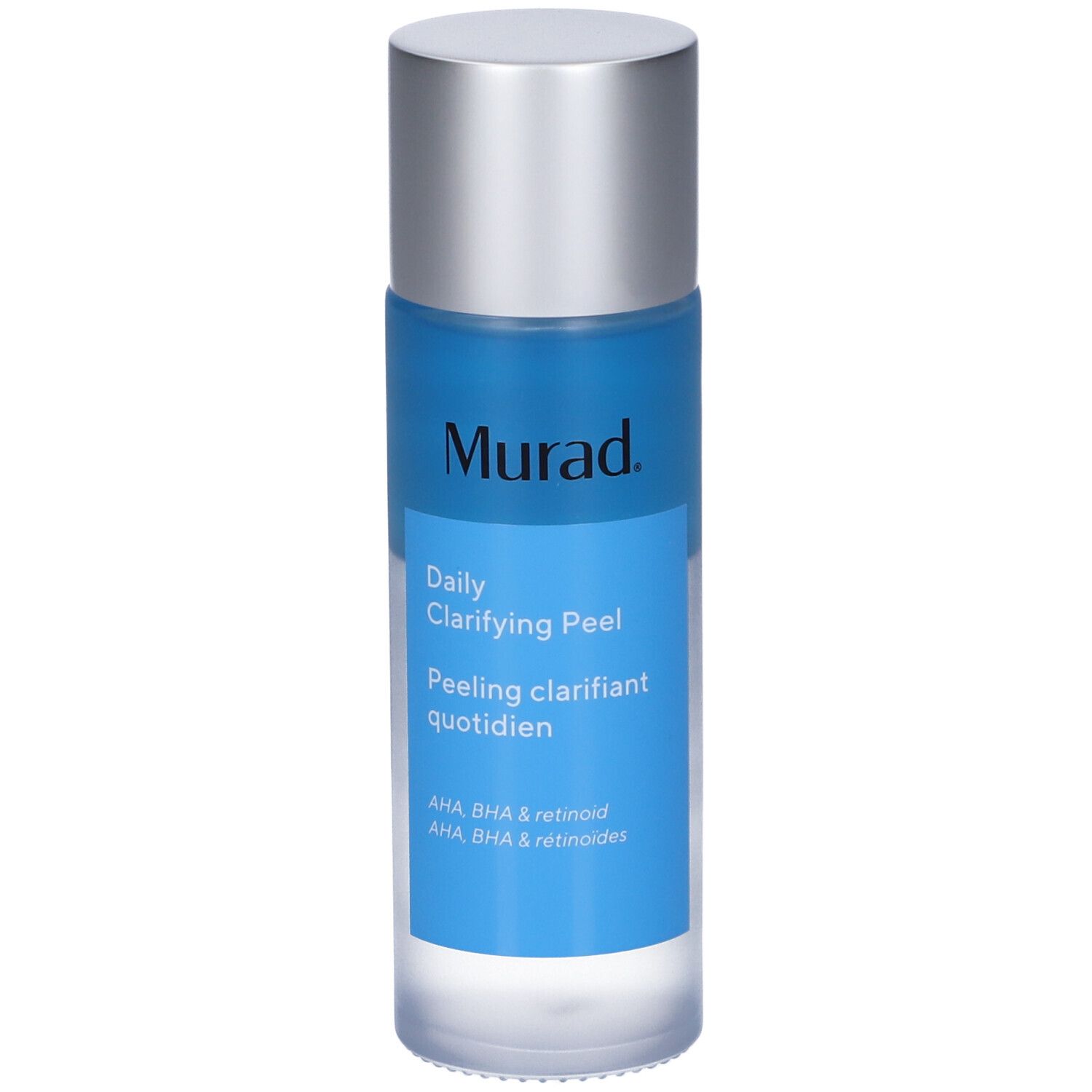 Murad Daily Clarifying Peel. Flacone con liquido blu e tappo argento. Testo: AHA, BHA & retinoidi.