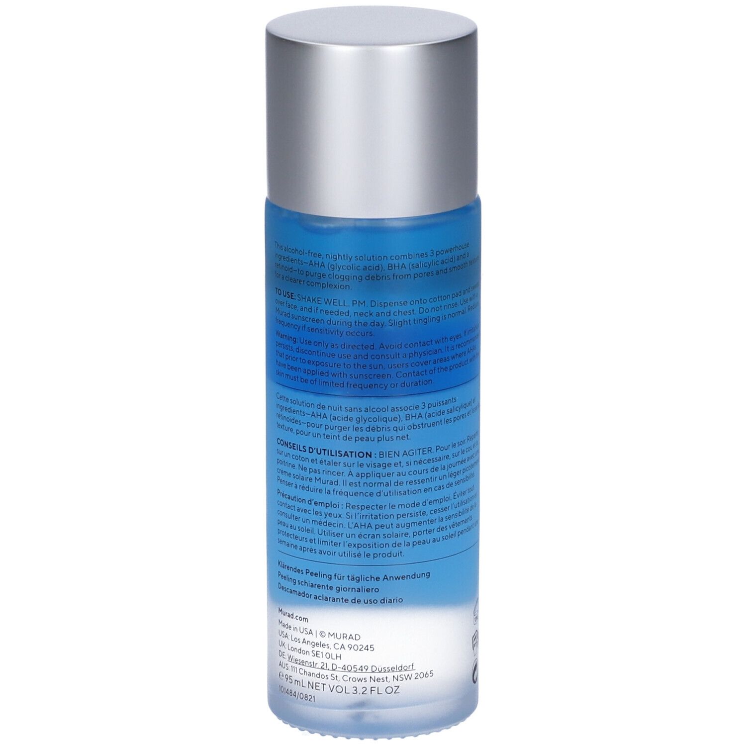 Murad Daily Clarifying Peel. Flacone con liquido blu e tappo argento. Retro con testo.