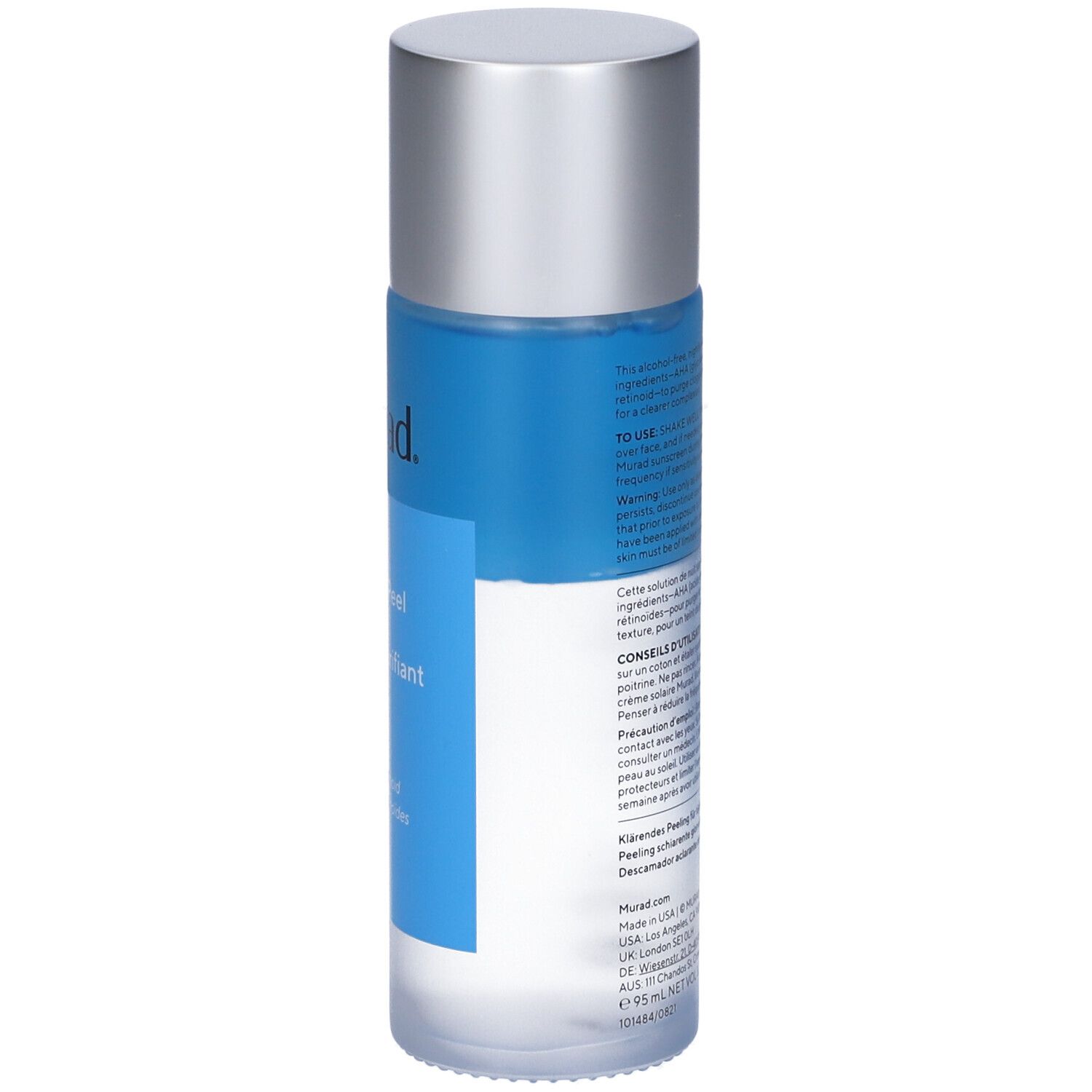 Murad Daily Clarifying Peel. Flacone con liquido blu e tappo argento. Retro con testo.