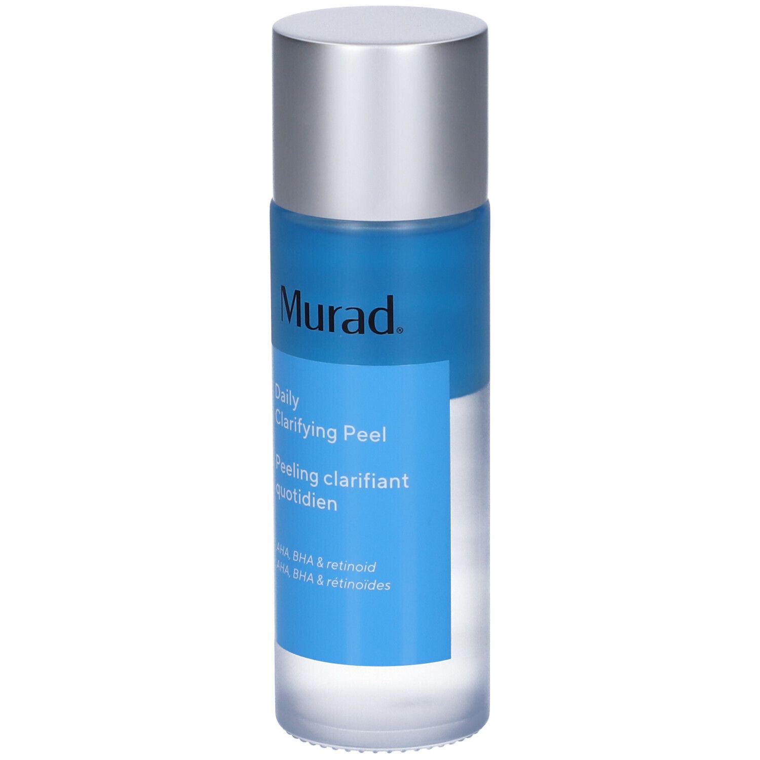 Murad Daily Clarifying Peel. Flacone con liquido blu e tappo argento. Testo: AHA, BHA & retinoidi.