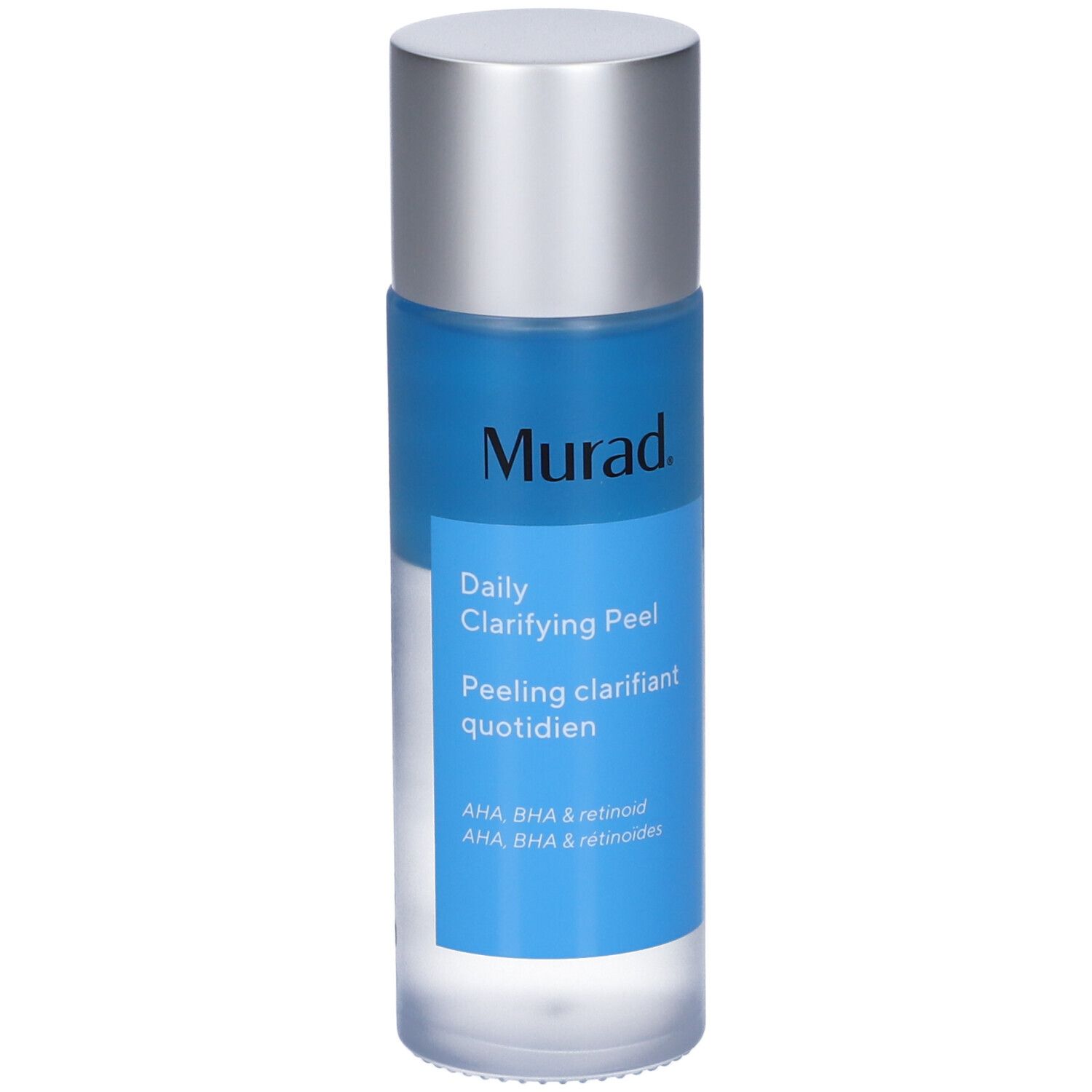 Murad Daily Clarifying Peel. Flacone con liquido blu e tappo argento. Testo: AHA, BHA & retinoidi.