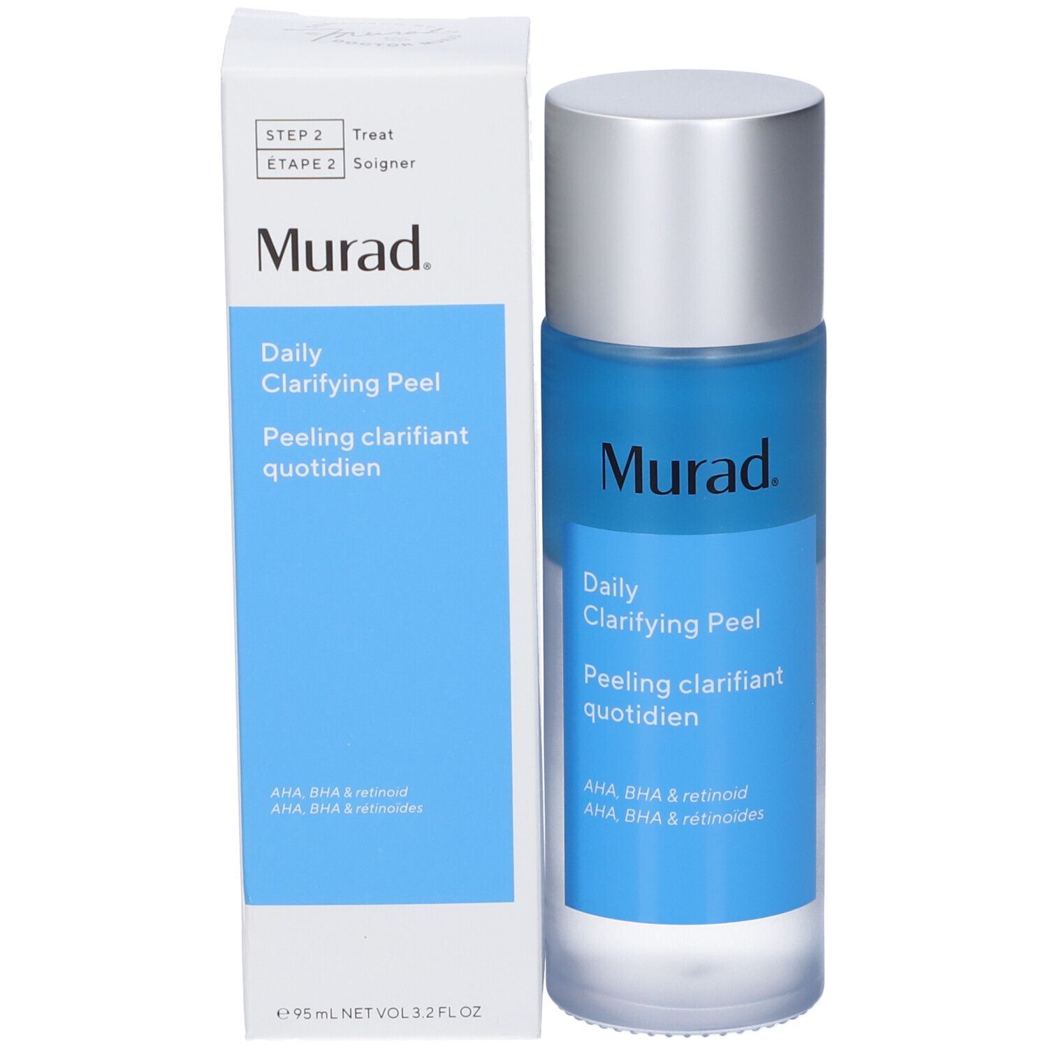 Murad Daily Clarifying Peel. Flacone e confezione. Testo: AHA, BHA & retinoidi.
